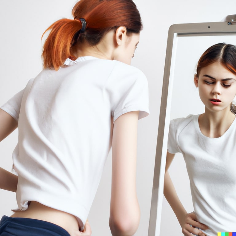 Una ragazza con dismorfofobia si guarda allo specchio