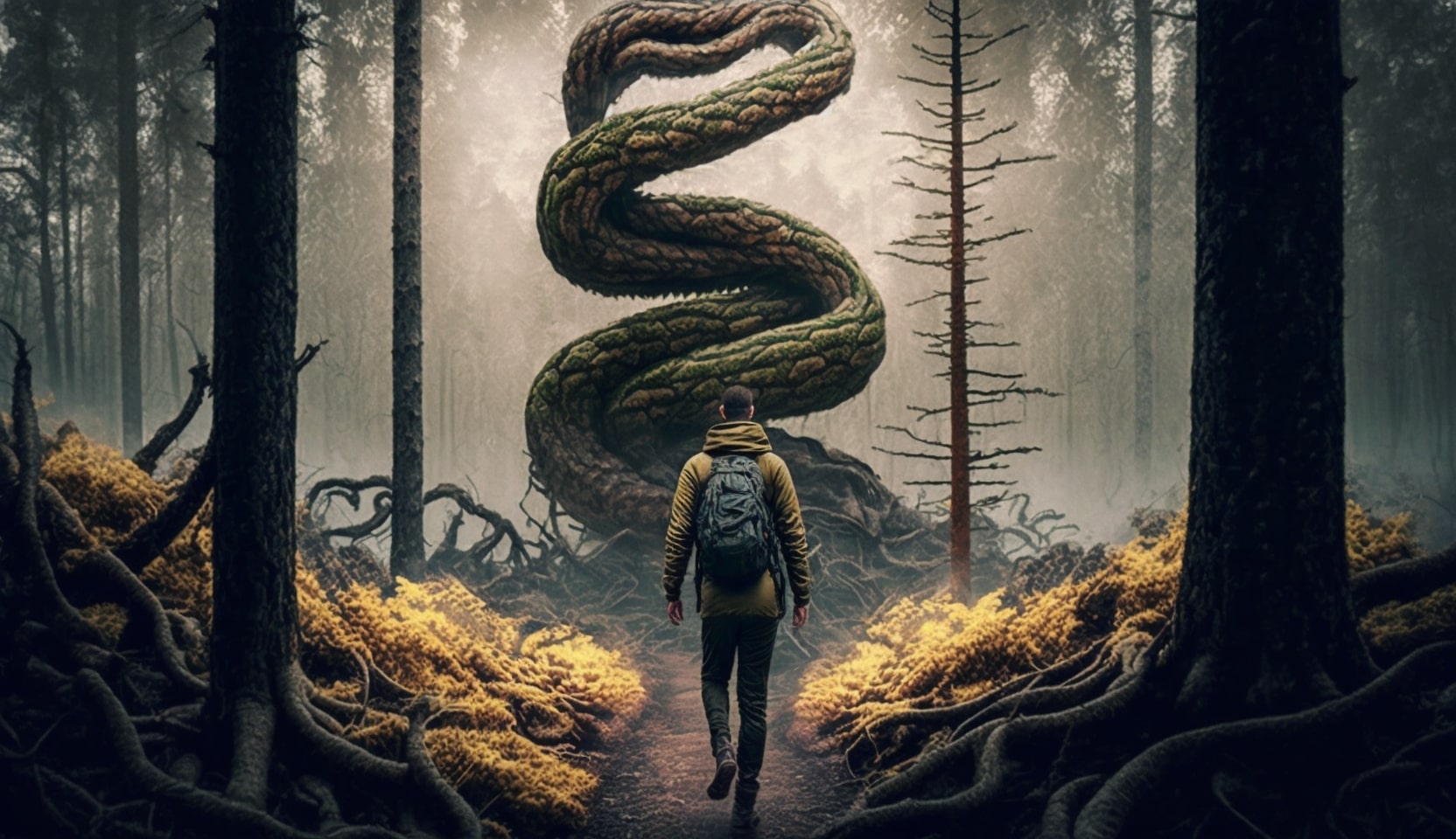 un uomo cammina nel bosco ed incontra la paura simboleggiata da un serprente