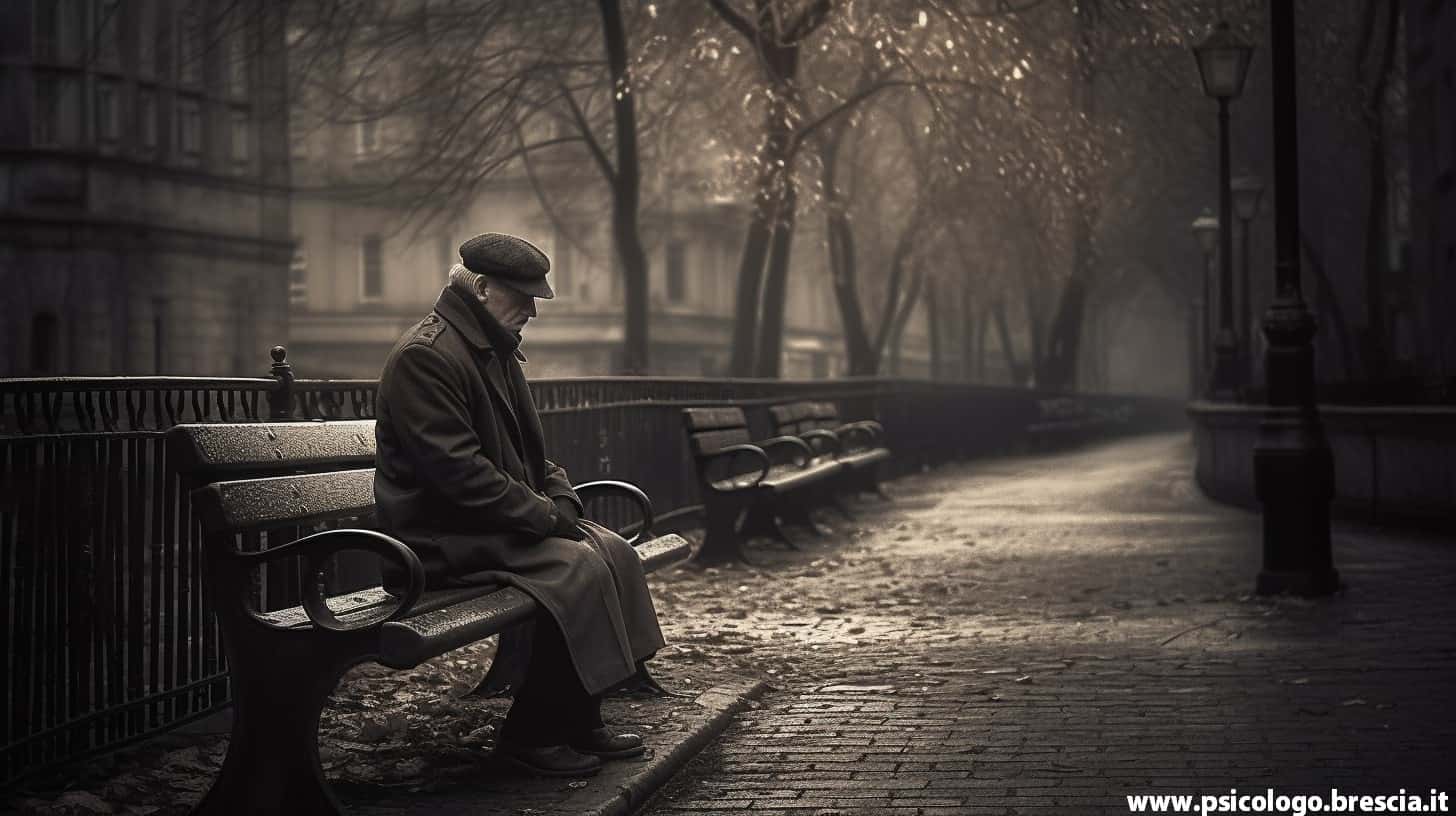 Un signore anziano da solo seduto su una panchina, simboleggia l'epidemia di solitudine negli usa
